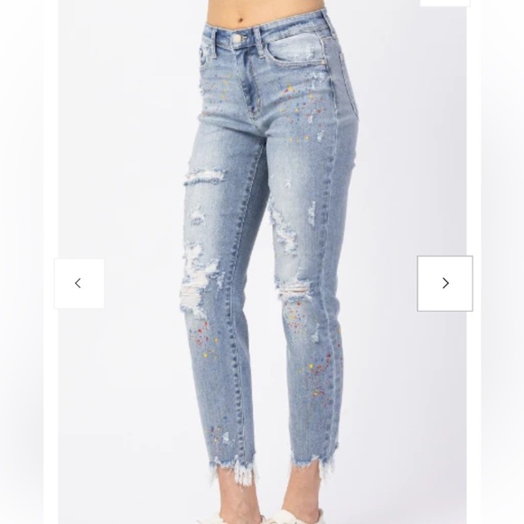 {EUC Judy Blue Christine Rainbow Paint Splatter Boyfriend Distressed Jeans 7/28} - Picture 2 of 16